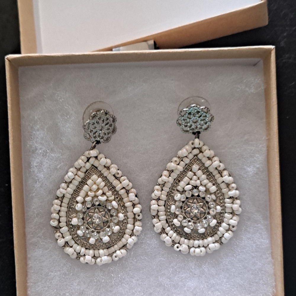 Pair of silver/white beaded teardrop earrings